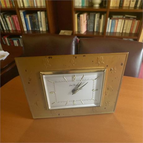 Seth Thomas Wind-Up German Desk Clock Brass Case W/Rose Pattern Gold Finish