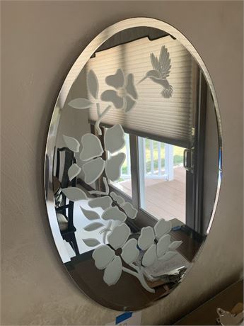 Oval Shaped Mirror Frosted White Flowers and White Frosted Hummingbird Accents