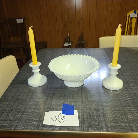 White Milk Glass Grape Pattern Bowl & Candle Holders