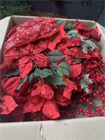 Box Of Faux Red Poinsettia Crafting Flowers And Faux Holly Berries