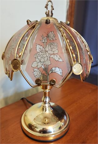 Vintage 80's Brass & Glass Pink Panel Touch Lamp