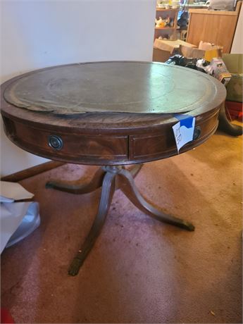 Vintage Wood Drum Table with Drawers
