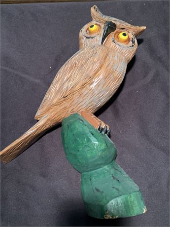 Vintage Hand Carved Wood Folk Art Owl By Ken Nassau Dated 1983 15 Inches Tall