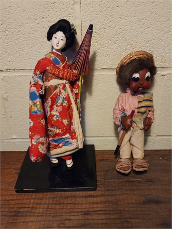 Vintage Geisha Doll and Mexican Gourd Folk Art Doll