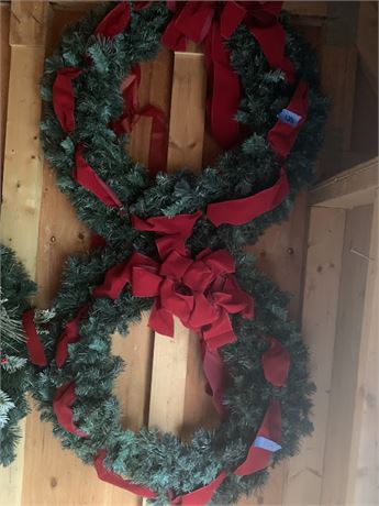 Pair Of Large Matching Pine Christmas Wreaths With Red Felt Bows & Trails