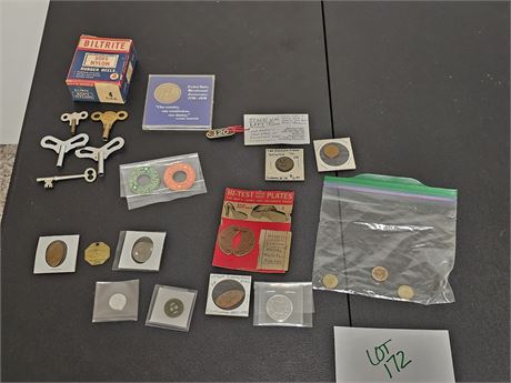 Vintage Clock / Skeleton Keys / Foreign Coins / Tokens & More