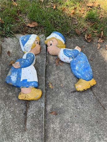 Vintage Cement Dutch Boy and Girl Kissing Yard Statues