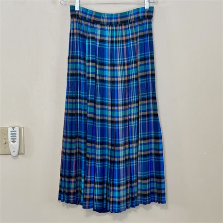 1980's Liz Sport Colorful Pleated Plaid Skirt w/ Elastic Waist - Size Medium