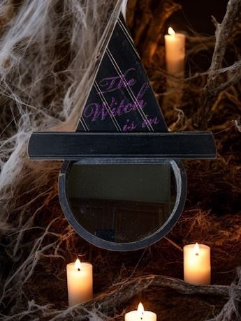 Purple/Black Witch Hat Spooky Halloween Wall Mirror "The Witch Is In"
