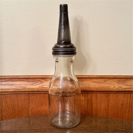 The Master Mfg Co. Motor Oil Metal Spout and Glass Quart Bottle