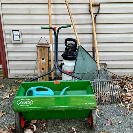 Various Lawn and Garden Items - Scotts PF Spreader, Tools, Watering Cans Etc.