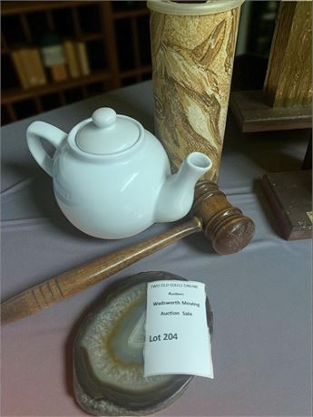 Wood Gavel, White Ceramic Tea Pot, Agate Slice, Horse Canister & More