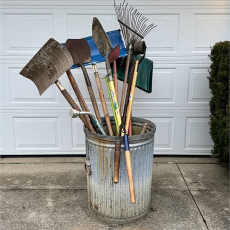 Mixed Yard Tools and Galvanized Trash Can