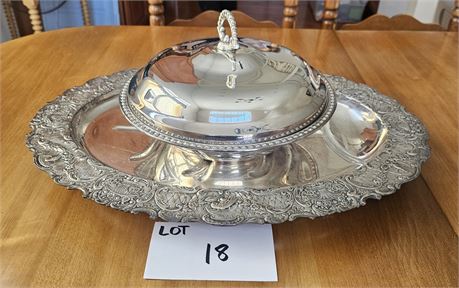 Silver Plated "Well & Tree" Meat Platter With Floral & Scroll Pattern Rim