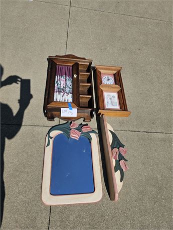 Wood Display Shelf / Country Pink & Wood Clock / Tulip Mirror & Shelf