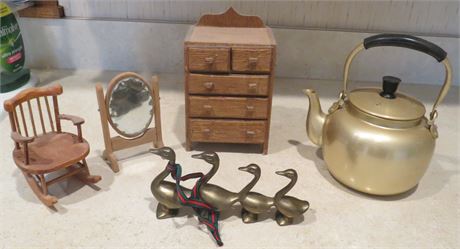 Mixed Lot: Doll House Furniture, Brass Geese, etc
