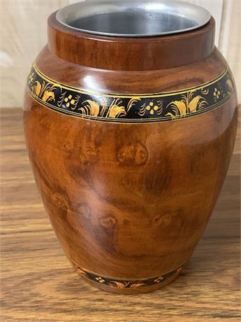 Small Wood Boho-Style Flower Vase With Metal Removable Lining Cup