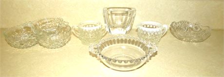 Glassware: Hobnail Moonstone Creamer, Sugar Bowl, etc