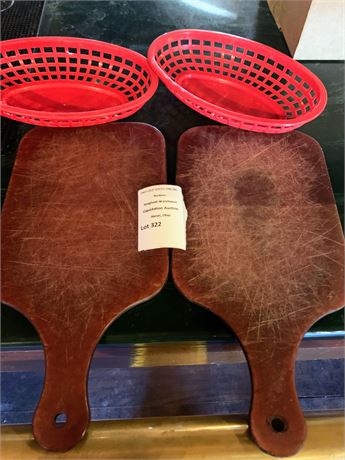 Wooden Bread Serving Paddle Boards & Red Plastic Serving Baskets