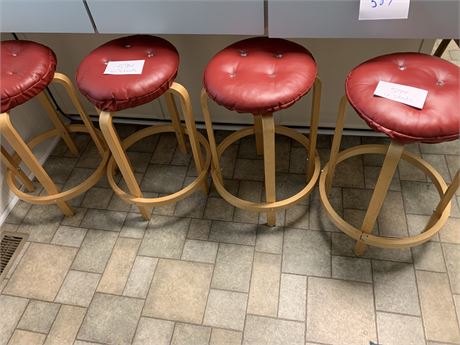 4 Wooden Kitchen Bar Stools with Red Cushions