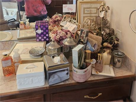 Mixed Decor Lot - Faux Floral, Storage, Prints, Bath Accessories & More