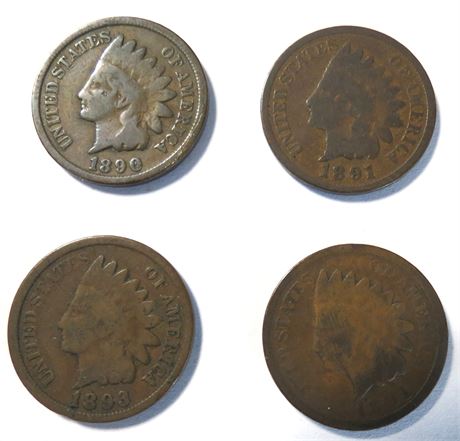 1890, 2-1891, 1893 Indian Head Pennies