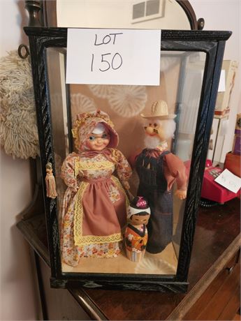 Vintage Framed Country Doll Display- Grandma & Grandpa With Japanese Inspired