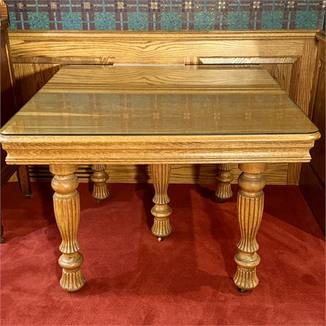 Antique American Carved Oak Dining Table on Casters + Leaves - 42 x 42 x 29"T