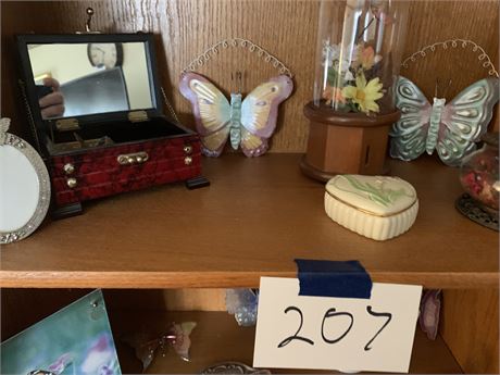 Vintage Wood Butterfly Jewelry Box, Enesco Rotating Domed Butterfly Music Box