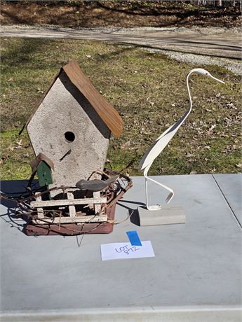 Large Primitive Style Outdoor Birdhouse & Plastic Crane