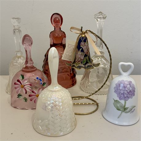 Lot of 7 Collectible Bells w/ Fenton Art Glass, Cloisonne & More