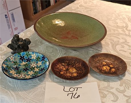 Vintage Enamel Japan Bowls, Pottery Bowl & Cast Metal Asian Figurine
