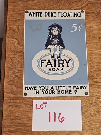 Vintage Enamel & Metal Fairy Soap Advertising Sign