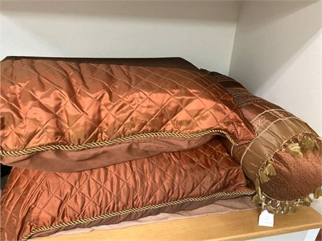 Burnt Orange & Gold Quilted Bed Pillows & Decorative Bolster Pillow