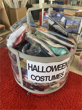 Rolling Metal Storage Cart/Bin of Misc Halloween Costumes