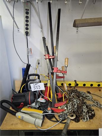 Misc Lot- Tow Chains, Flashlights, Clamps & More