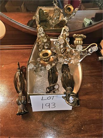 Vintage Pair Of Brass & Crystal Candle Wall Holders & More
