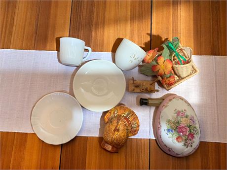 Tea Cups, Saucers, Turkey Figurine, and Floral Trinket Box Lot