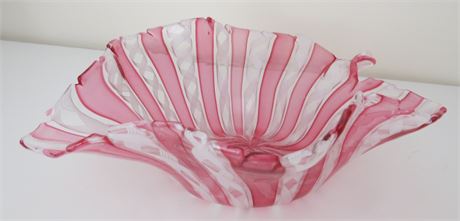 Pink & White Striped Ribbons Art Glass Dish