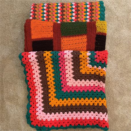 Hand Crocheted Afghan Throw Blankets, Bundle of 3