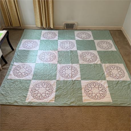 Vintage Handmade Turquoise Square Quilt - Approximately 82 x 92"