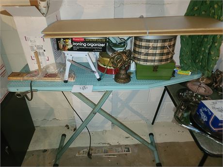 Sewing Lot & More Vintage Metal Teal Ironing Board, Iron, Sewing Notions & More