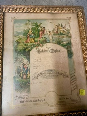 Ornately Framed Baptism Certificate With Scenes Of Baptism/Jesus With Children