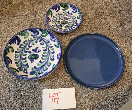 Spanish Pottery Plate & Bowls With Traditional Blue & Green Glaze