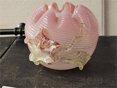 Victorian 1890's Pink Glass Hungary Applied Flowers Rose Bowl