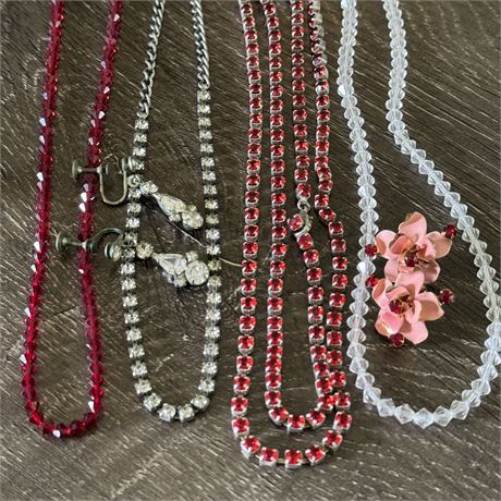 Vintage Red and Clear Glass Beaded and Rhinestone Jewelry