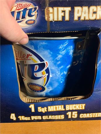 Miller Lite 20 Piece Gift Pack - Ice Bucket, 15 Coasters, 4 Pub Beer Glasses