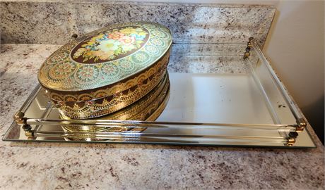 Mirror Dresser Vanity Tray Lucite & Brass w/Beautiful Vintage Storage Tin