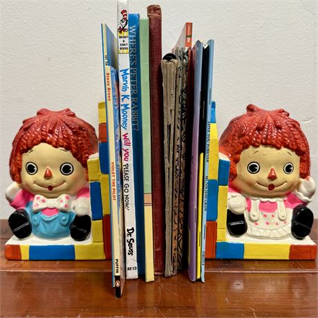 Ceramic Raggedy Ann & Andy Bank/Bookends and Children's Books