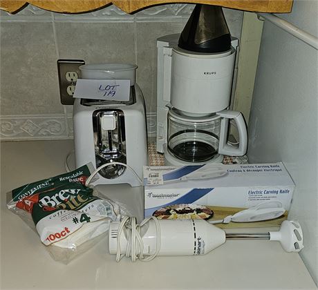 Small Kitchen Appliance Lot: Carving Knife, Krups Coffee Maker, Toaster & More